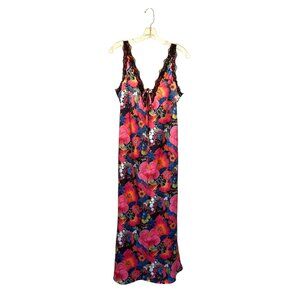Akira XL Groovy Baby Floral Satin Lace-Trim Slip Dress With Tie Front